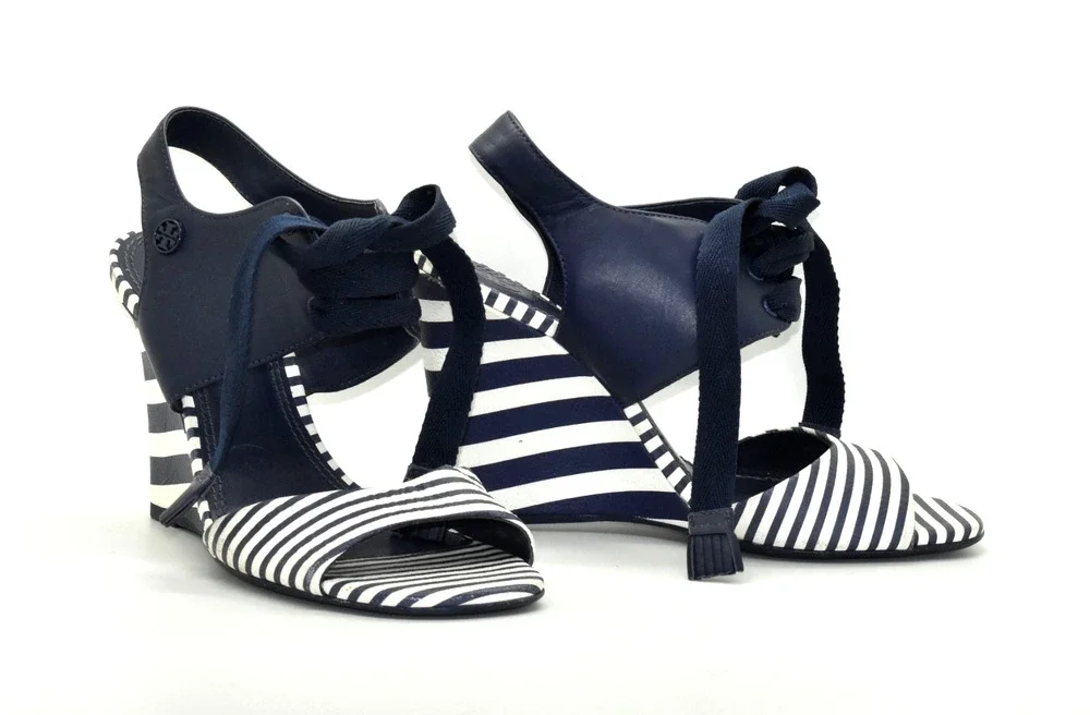 B0 Auth TORY BURCH Navy & White Striped Leather Maritime Wedge Sandals Size 6.5M